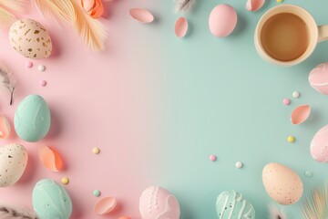 Happy Easter Eggs Basket easter wisteria. Bunny in turquoise island flower Garden. Cute 3d Rose Blush easter rabbit illustration. Easter burrow card wallpaper chrysanthemums - obrazy, fototapety, plakaty