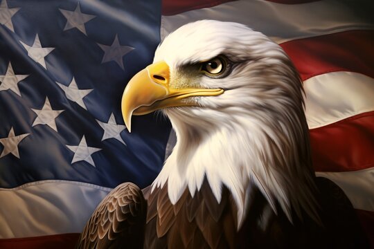 a bald eagle in front of a flag