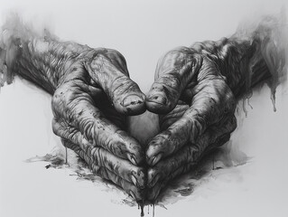 Black and white portrait of old wrinkled hands praying isolated on black with space for text
