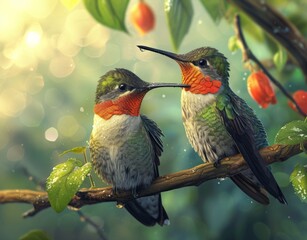 Two colorful hummingbirds perched on branch in the rain, one with red beak and the other with green beak