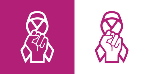 Logo Día Internacional de la Mujer. Símbolo lineal con puño cerrado levantado en lazo en cinta violeta - obrazy, fototapety, plakaty