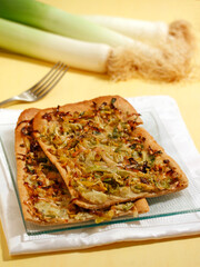 Spelt coca with leeks.