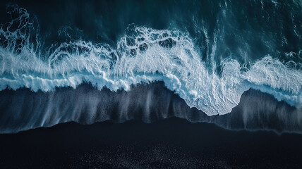 Amazing Aerial view of black sand beach and ocean waves in iceland