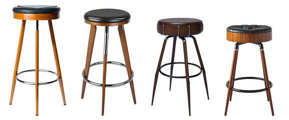 Set of modern expensive leather bar stools isolated on transparent background. Generative AI