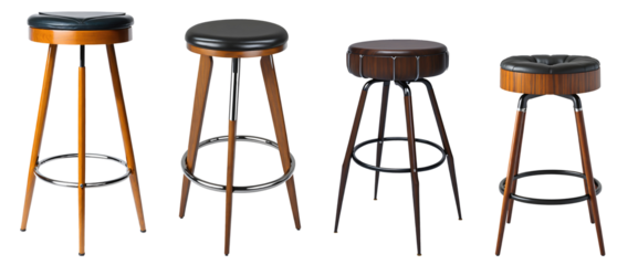Set of modern expensive leather bar stools isolated on transparent background. Generative AI