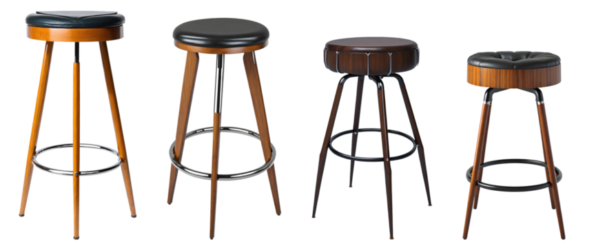 Set of modern expensive leather bar stools isolated on transparent background. Generative AI