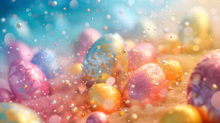 Colorful abstract pearl easter eggs on blue background with bokeh effect - obrazy, fototapety, plakaty