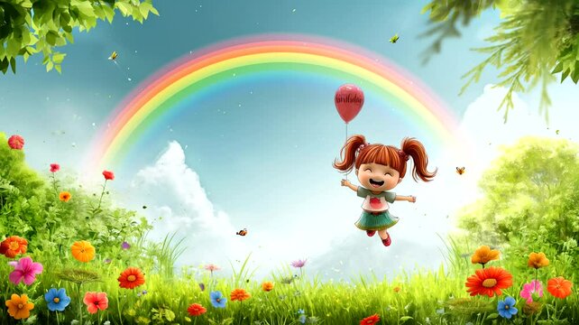 Little girl holding balloon on the meadow with rainbow. Seamless looping time-lapse 4k video animation background