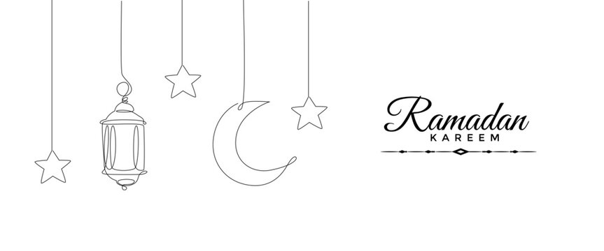 Ramadan kareem in one continuous line drawing. Islamic decoration with lanter, star and moon in simple linear style. muslim religious holiday celebration. Editable stroke. Doodle vector illustration