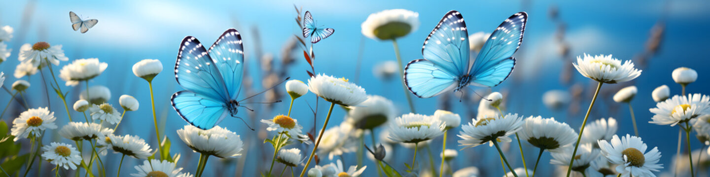Fototapeta Blue butterflies on daisy flowers in meadow. Nature background. Landscape panorama - Garden field of beautiful blooming spring or summer flowers.