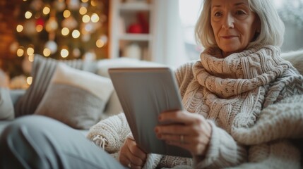 With her trusted tablet in hand a mature woman dedicates her time to researching investment opportunities from the comfort of her cozy living room. - obrazy, fototapety, plakaty