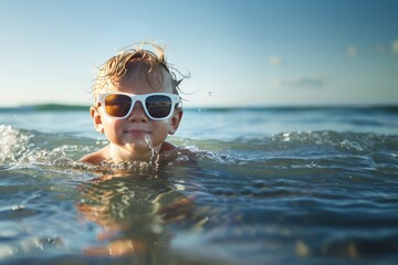 Naklejka premium Little boy in sunglasses swimming in the water on the beach