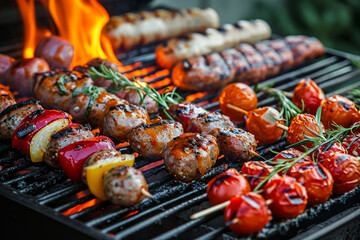 Grilled meat with vegetables tomatoes over coals on barbecue. Bbq concept - obrazy, fototapety, plakaty