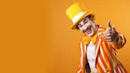Portrait of a smiling clown isolated on orange background