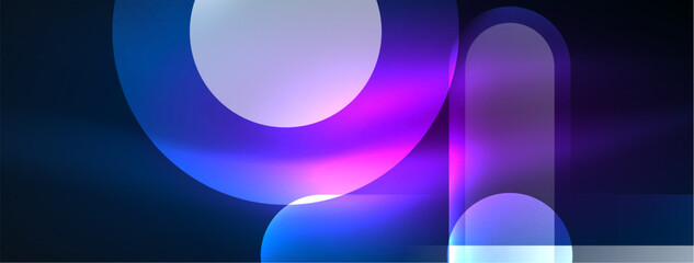 Abstract design pulsates with neon glowing light effects, casting an entrancing glow in the darkness, captivating the eye with its vibrant energy. Glass circles neon glowing light effects