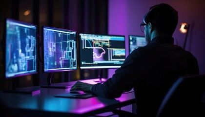Software engineer coding in a dark room with multiple computer monitors.