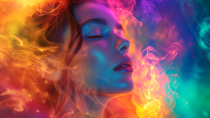 Grounded and compassionate, she is a pillar of strength for those around her, her nurturing spirit offering solace and support in times of need, Neon glow smoke, vibrant colors, aura