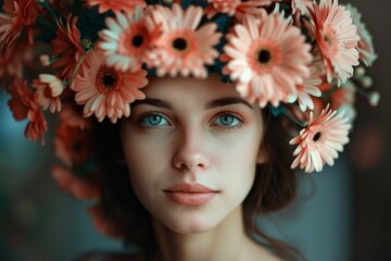 Female portrait with flowers in her head. Creative background with stylish woman. Fashion portrait. Summer style