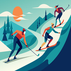 Skiers racing down a steep slope vektor illustation