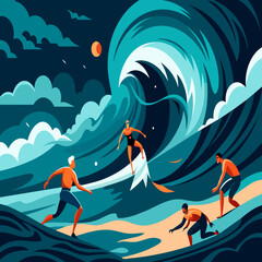 Surfers braving a stormy sea vektor illustation