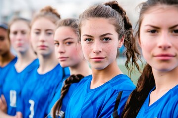 Fototapeta premium Confident Young Female Footballer with Teammates on Soccer Field Team Spirit and Friendship, soccer, football sport concept, horizontal background 