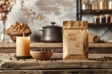 Blank coffee packaging, coffee packaging mockup, on a wooden background. generative AI