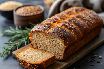 Sliced fresh homemade bread and rosemary on wooden background. Homemade bakery.