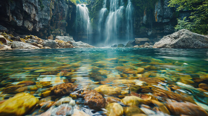 Generous Majestic rock water flowing green forest tranquil scene tropical adventure
