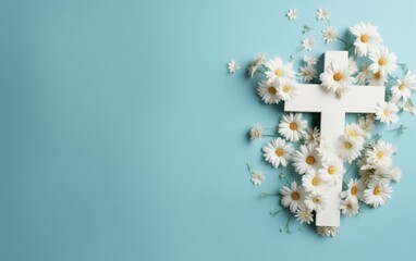 Christian cross on a light blue background, flowers and butterflies around it, space for text, minimalism - obrazy, fototapety, plakaty