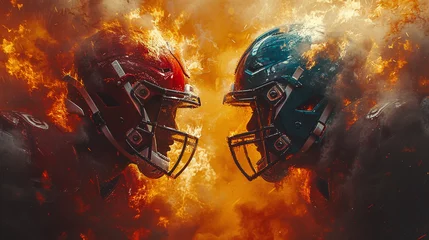 Fototapeten two football players in football helmets clashing in the stadium, in the style of photo-realistic landscapes, dark orange and dark bronze, dreamy atmosphere, poster, fire & ice background.Ai © Impress Designers