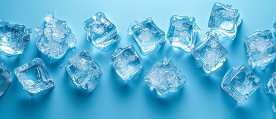 Row of ice cubes on blue background for refreshing beverage, kitchen concept or summer drink