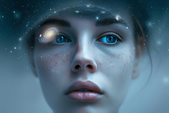 Woman gazing up at the twinkling stars in the night sky with her head tilted to the side and blue eyes wide open
