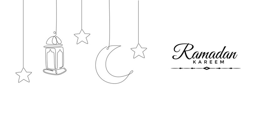 One continuous line drawing of Ramadan kareem. Islamic decoration with lantern, star and moon in simple linear style. Arabic religious holiday celebration. Editable stroke. Doodle vector illustration