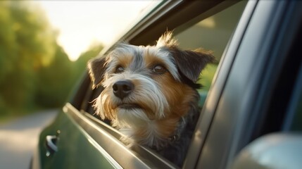 Head of happy lap dog looking out of car window. Curious terrier enjoying road trip on sunny summer day. generate AI