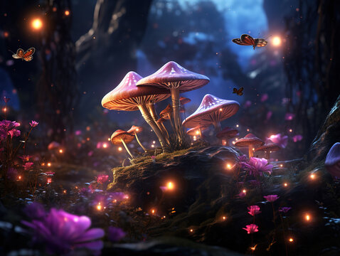 Magical fantasy mushrooms in enchanted fairy tale dreamy elf forest with fabulous fairytale