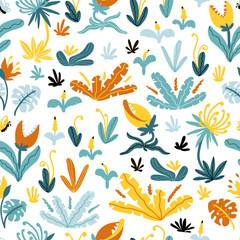 Fototapeta na wymiar Tropical seamless pattern. Vector illustration fantastic plants and flowers with teeth in cartoon Scandinavian style. Childish design for baby clothes, wallpaper, bedding, textiles, nursery wall art