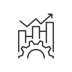 Analytics and performance enhancement, linear icon, bar chart and gear. Line with editable stroke