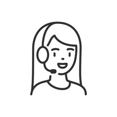 Technical support operator agent, linear icon. A woman with an earpiece with a microphone smiles. Technical support by phone. Line with editable stroke