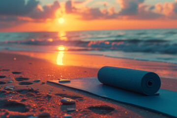 Close-up of yoga mat on the beach on sunset background. Training workout. Healthy active lifestyle....