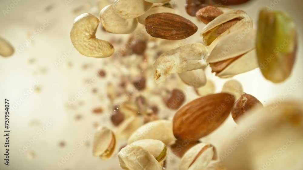 Poster super slow motion of flying nuts mix in rotating movement. filmed on high speed cinema camera , 1000