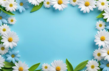 Top view photo of fresh colorful flowers. Colorful flowers decoration. Pastel blue, green and white colors. Greeting card for spring holidays. Template for Birthday, Women's Day, Mother's Day.