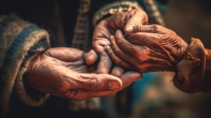 Helping hands, care for the elderly concept, Caregiver, carer hand holding elder hand in hospice care background.