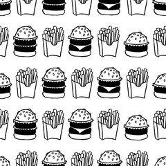 Seamless pattern with sketched burger, cheeseburger or hamburger. Background template for fast food.
