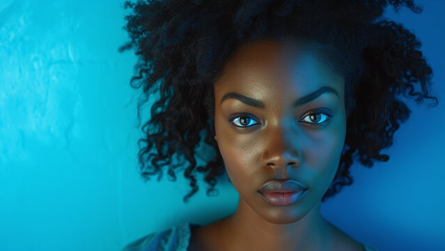 Portrait of Confused African American Woman in Studio Setting on Blue Background