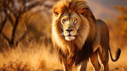 Lion in the savanna - African wildlife landscape.