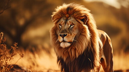 Lion in the savanna - African wildlife landscape.