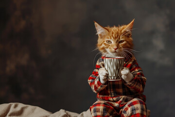 Humanized funny sleepy ginger cat in pajamas on sofa drinks morning coffee. Enjoying Coffee. Monday morning. Copy space. Creative animals portrait. AI Generative - obrazy, fototapety, plakaty