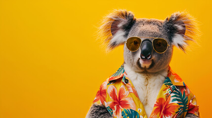 Humanized Koala in Hawaiian shirt and sunglasses isolated on bright background.  Advertisement, copy space, banner. Creative animals portrait. Concept of vacation in resort, tourism. AI Generative