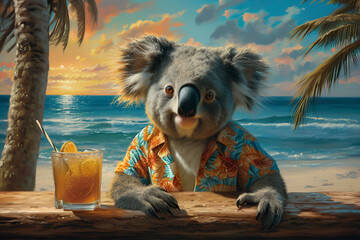 Humanized Cute cartoon koala in Hawaiian shirt at bar with cocktail, near ocean and palm trees. Advertisement. Creative animals portrait. Concept of vacation in resort hotel, tourism. AI Generative