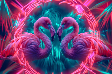 Love Сouple of pink flamingo in neon tropical jungle on pink background, 3d rendered. AI Generative. Advertisement, cover or wallpaper, screensaver. Valentine's card